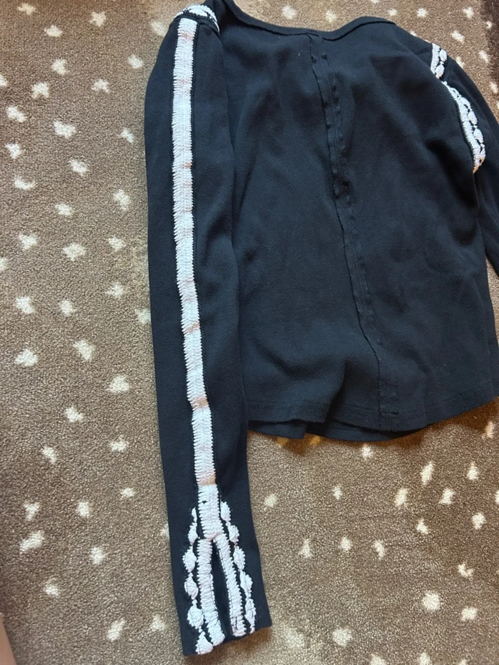 Free People Black Long Sleeve Top with White Embroidery